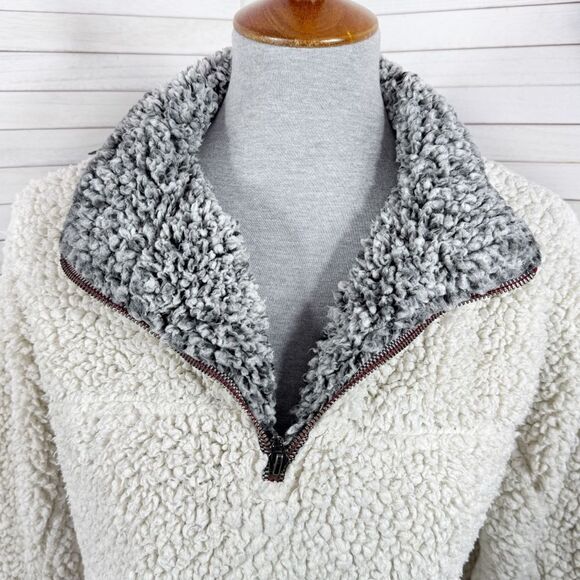 True Grit Faux Sherpa Pullover Sherpa Jacket Quarter Zip Beige Small - Picture 6 of 13